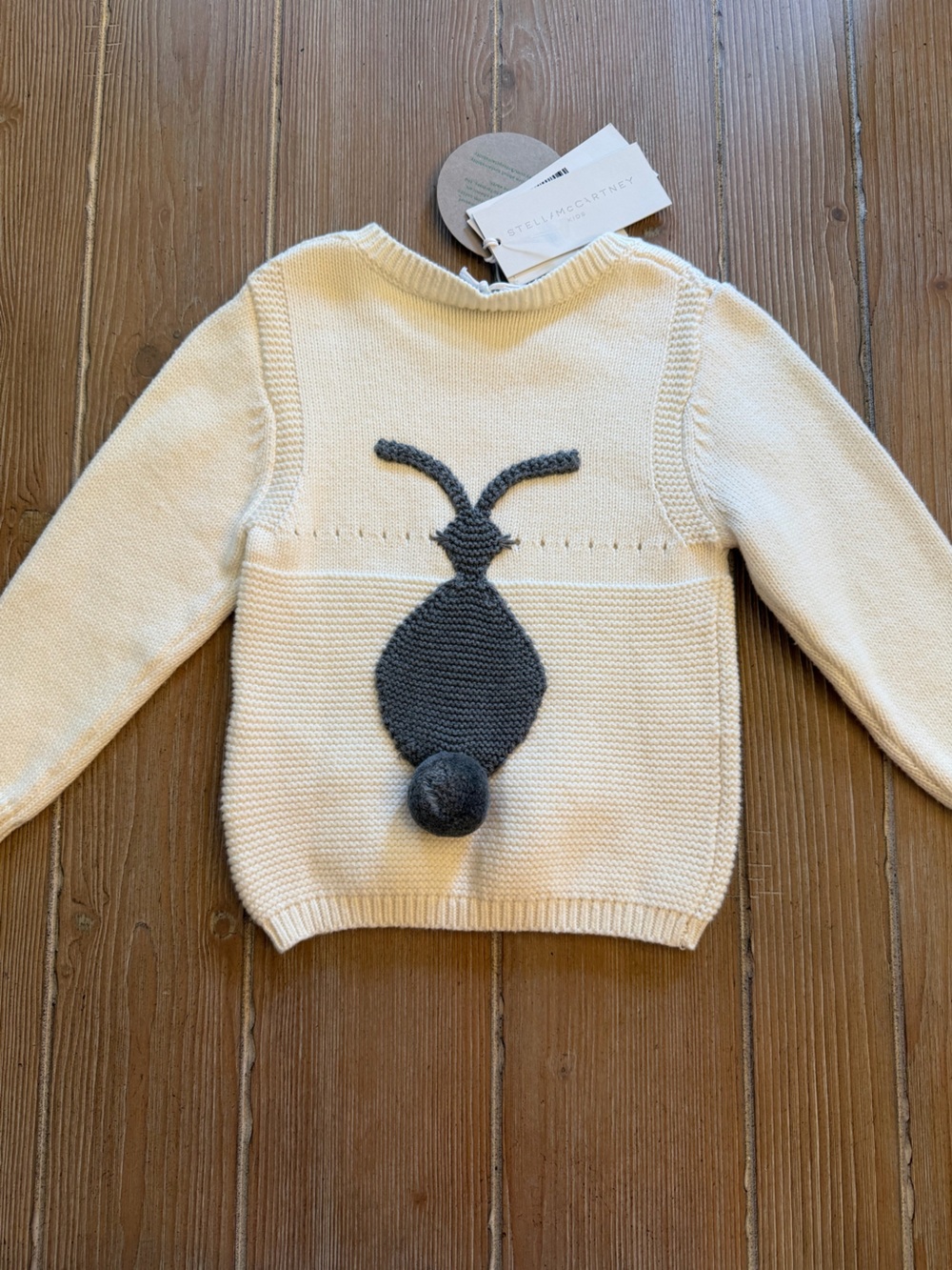 Stella McCartney girls Cream Knit Sweater with Charcoal Bunny Applique
